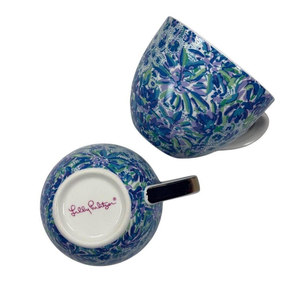 Lilly Pulitzer Floral Coffee Mug Set of 2 Blue Gold Handles